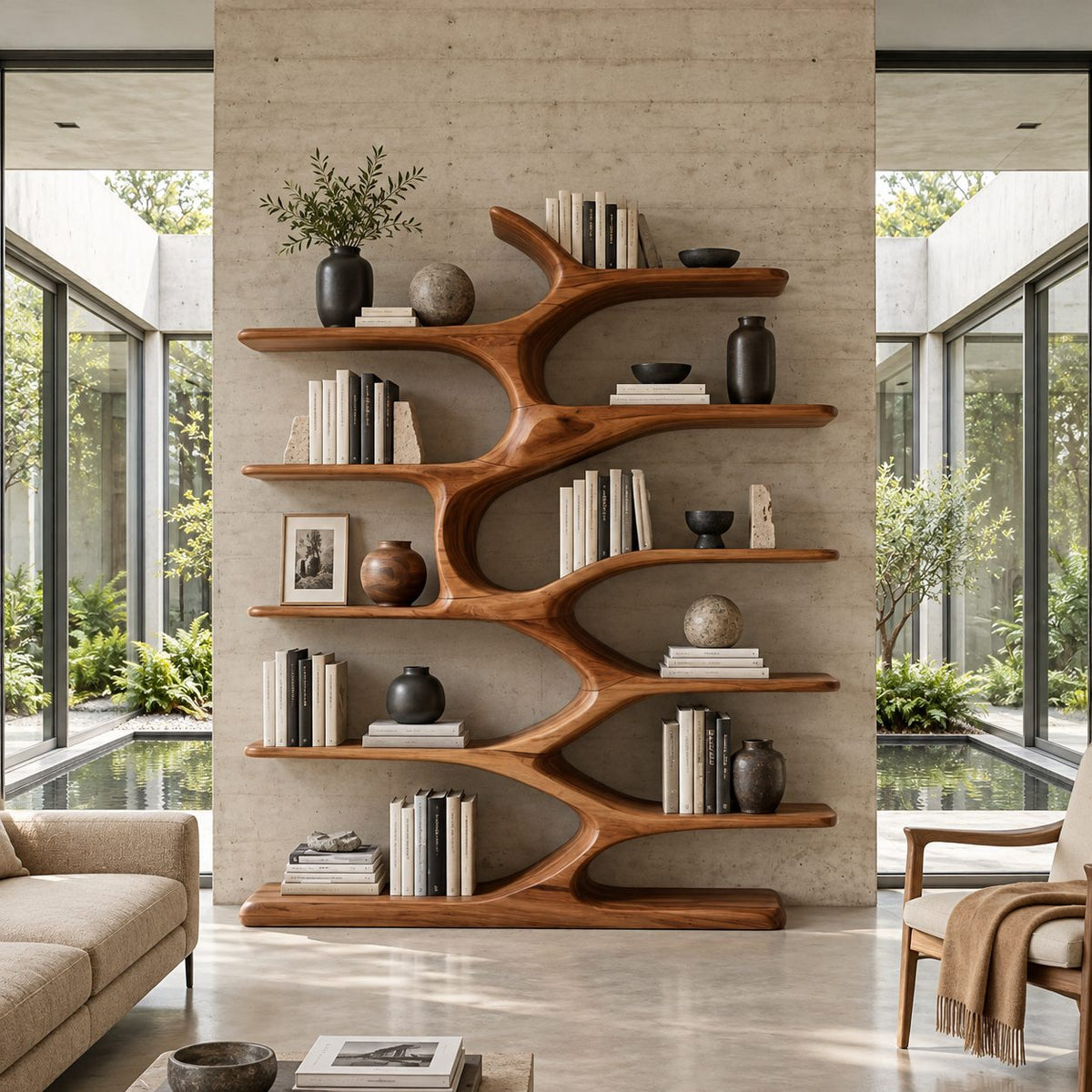 Organic Bookshelf with Wavy Sculpted Spine, Wide Freestanding Solid Wood Bookcase for Living Room