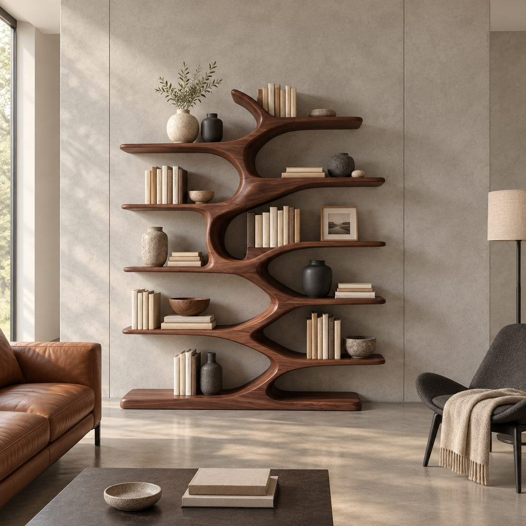 Organic Bookshelf with Wavy Sculpted Spine, Wide Freestanding Solid Wood Bookcase for Living Room