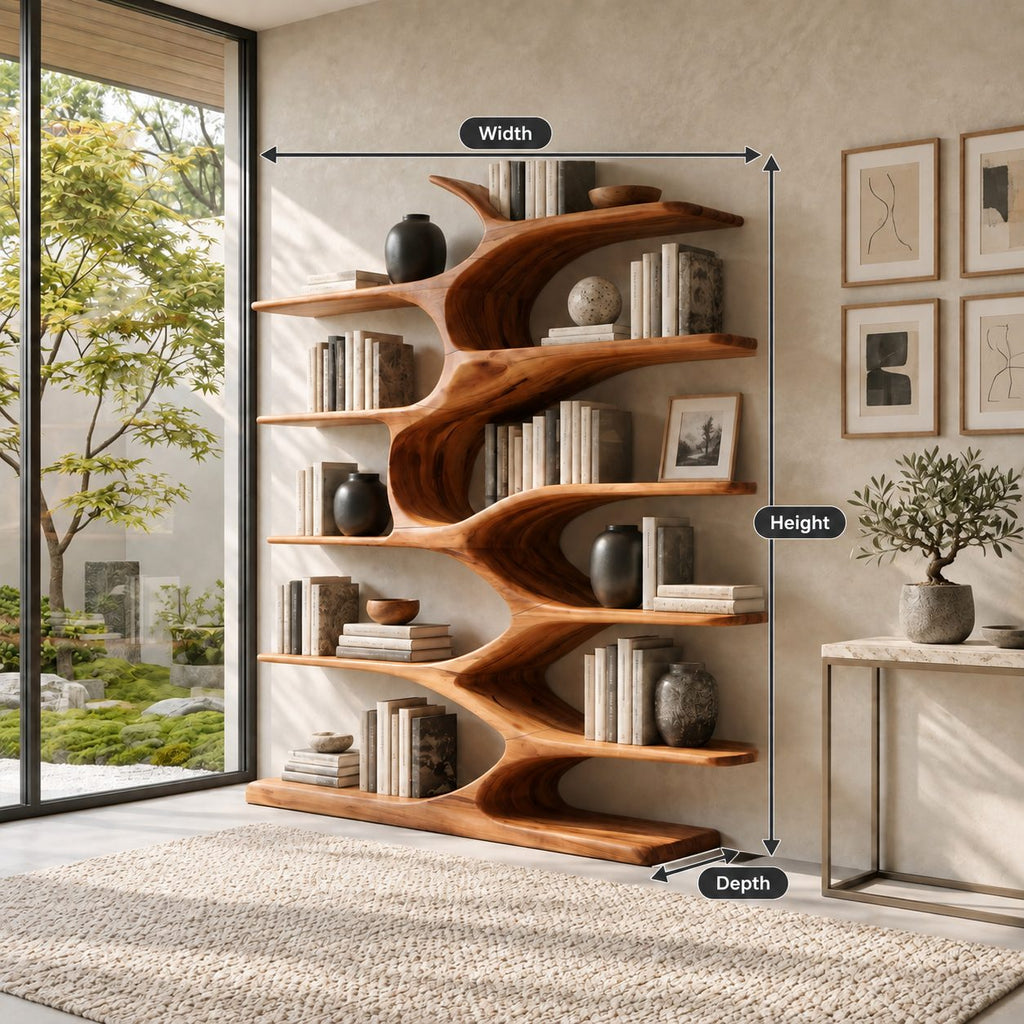 Organic Bookshelf with Wavy Sculpted Spine, Wide Freestanding Solid Wood Bookcase for Living Room