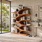 Organic Bookshelf with Wavy Sculpted Spine, Wide Freestanding Solid Wood Bookcase for Living Room