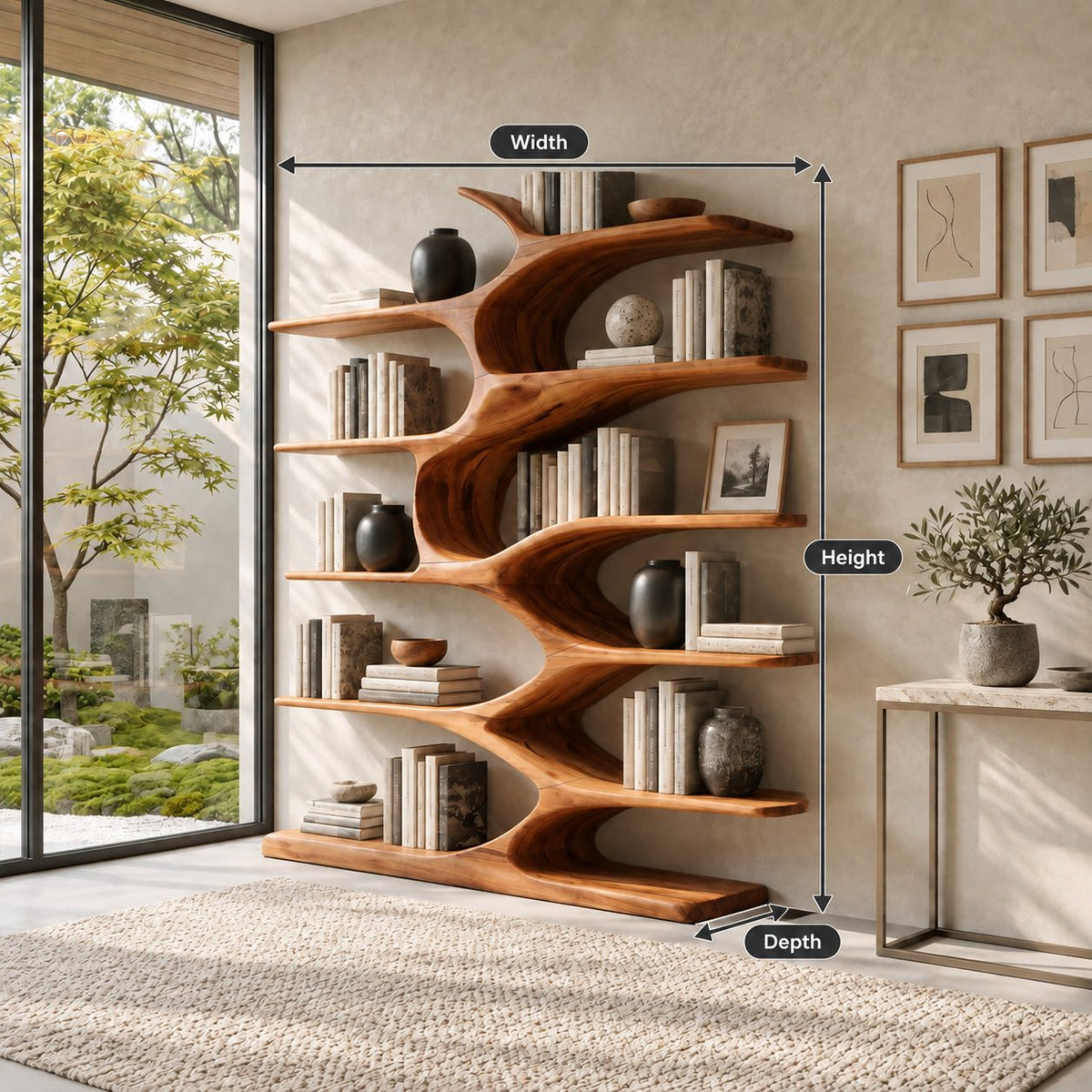 Organic Bookshelf with Wavy Sculpted Spine, Wide Freestanding Solid Wood Bookcase for Living Room