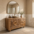 Leaf Carved Bathroom Vanity 48-72 Inch, Double Door Solid Wood Cabinet with Three Drawers on Splayed Legs