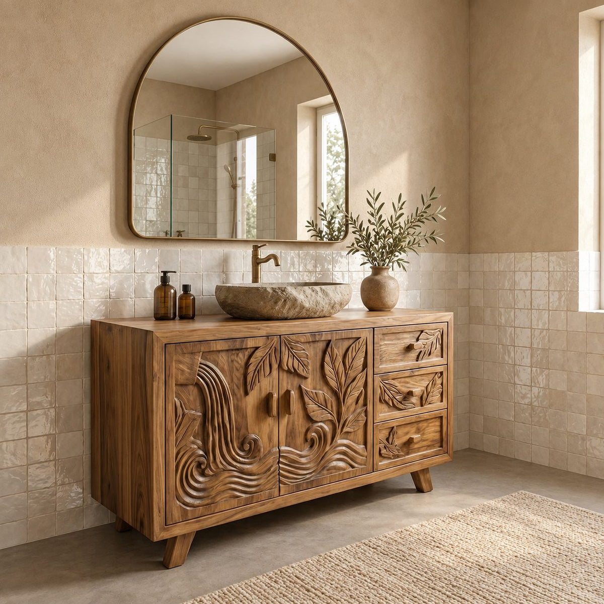 Leaf Carved Bathroom Vanity 48-72 Inch, Double Door Solid Wood Cabinet with Three Drawers on Splayed Legs