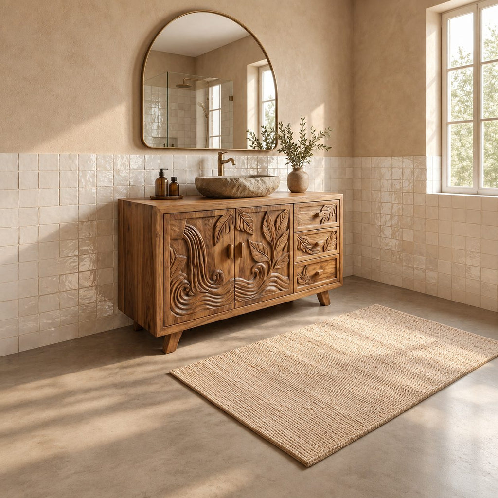 Leaf Carved Bathroom Vanity 48-72 Inch, Double Door Solid Wood Cabinet with Three Drawers on Splayed Legs