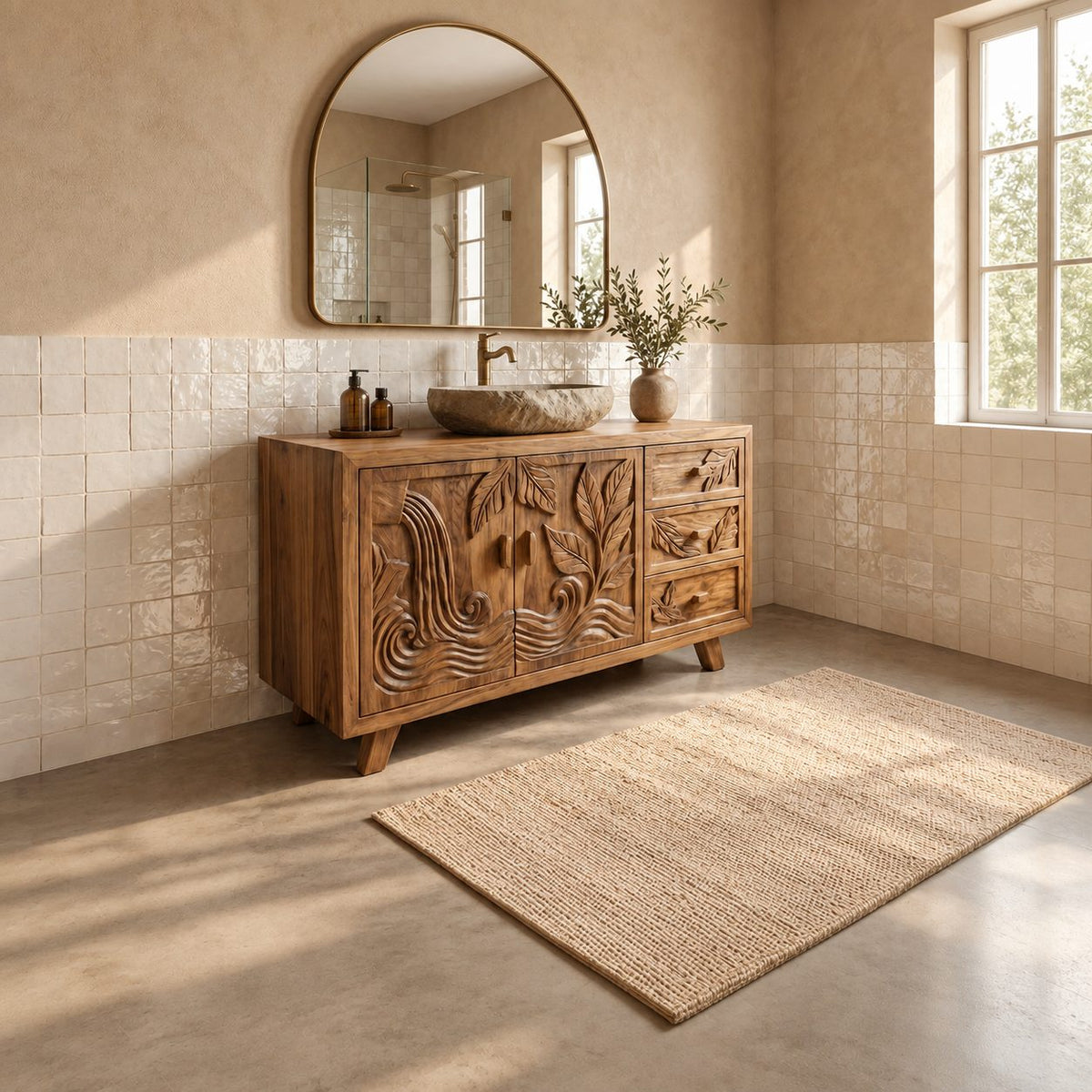 Leaf Carved Bathroom Vanity 48-72 Inch, Double Door Solid Wood Cabinet with Three Drawers on Splayed Legs