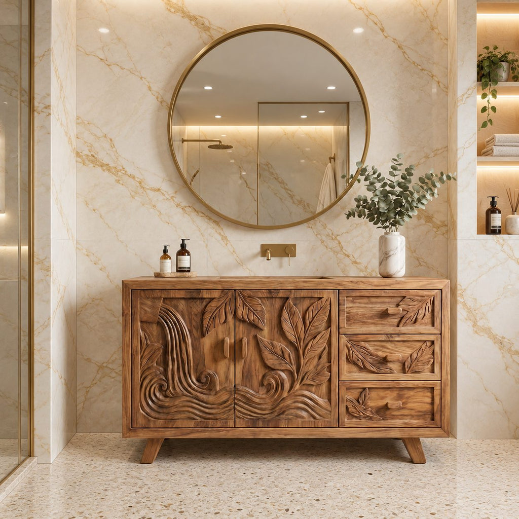 Leaf Carved Bathroom Vanity 48-72 Inch, Double Door Solid Wood Cabinet with Three Drawers on Splayed Legs