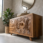 Leaf Carved Bathroom Vanity 48-72 Inch, Double Door Solid Wood Cabinet with Three Drawers on Splayed Legs