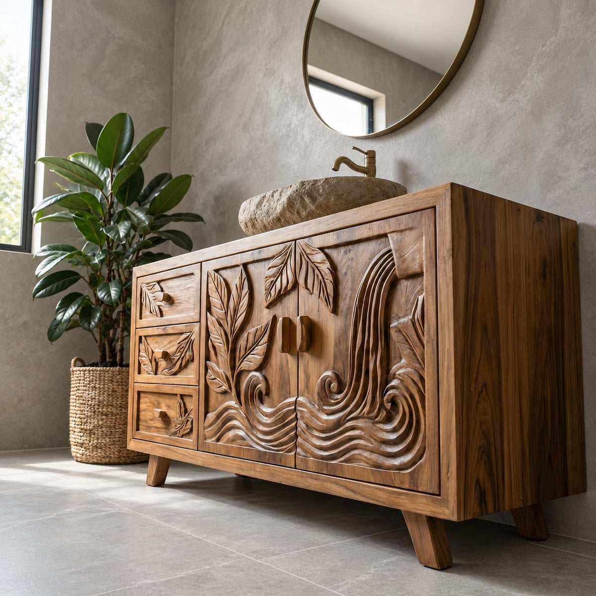 Leaf Carved Bathroom Vanity 48-72 Inch, Double Door Solid Wood Cabinet with Three Drawers on Splayed Legs