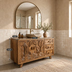 Leaf Carved Bathroom Vanity 48-72 Inch, Double Door Solid Wood Cabinet with Three Drawers on Splayed Legs