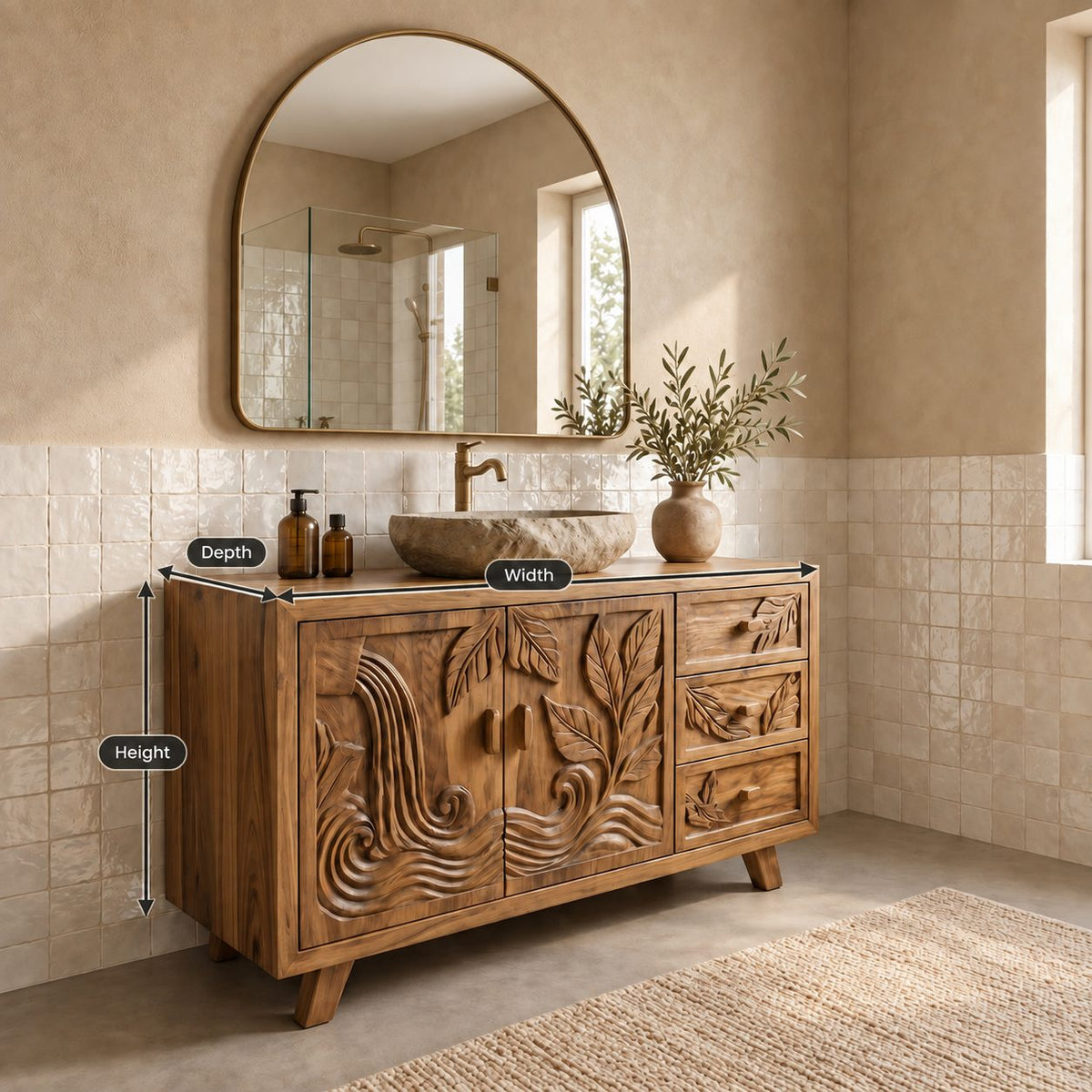 Leaf Carved Bathroom Vanity 48-72 Inch, Double Door Solid Wood Cabinet with Three Drawers on Splayed Legs