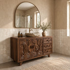 Leaf Carved Bathroom Vanity 48-72 Inch, Double Door Solid Wood Cabinet with Three Drawers on Splayed Legs