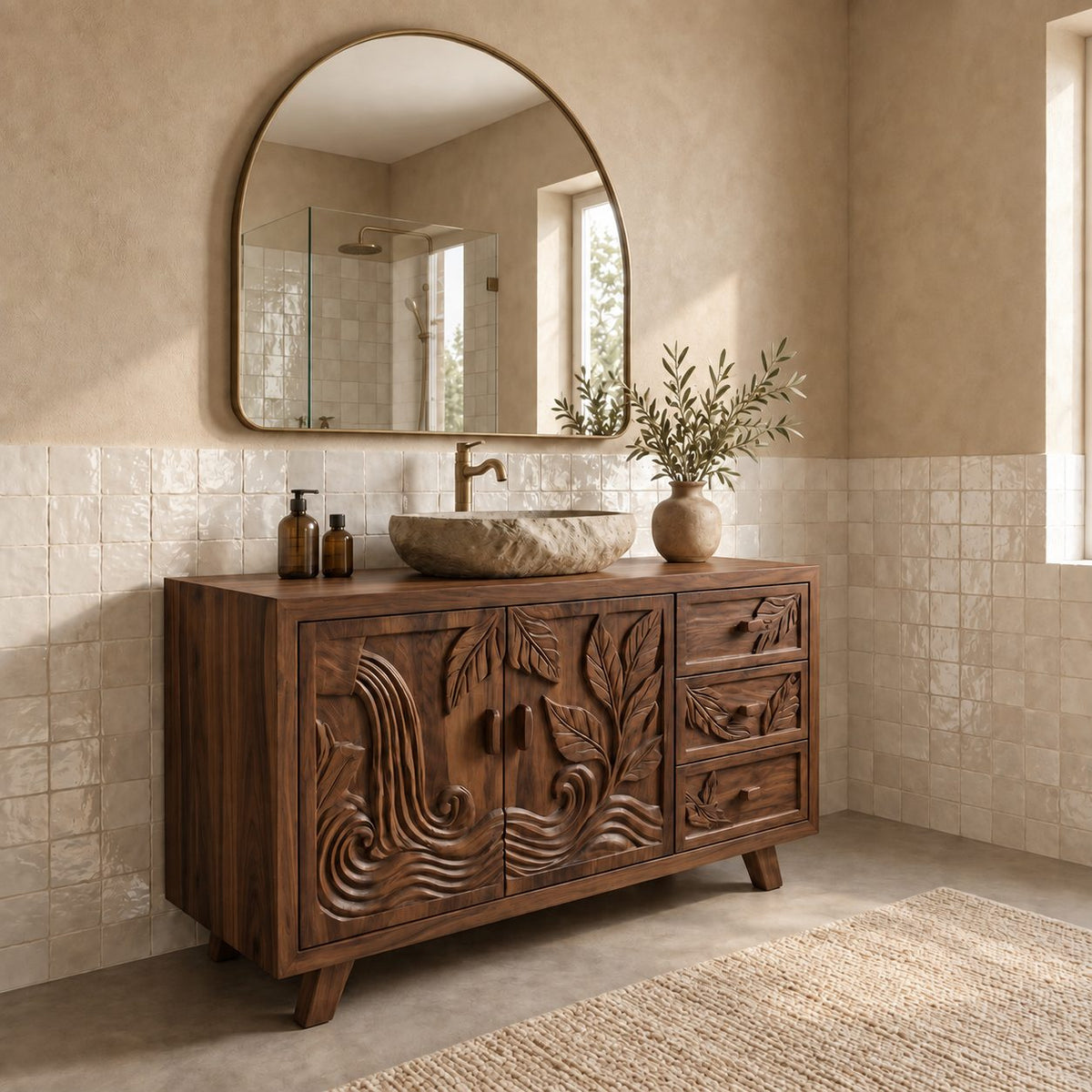 Leaf Carved Bathroom Vanity 48-72 Inch, Double Door Solid Wood Cabinet with Three Drawers on Splayed Legs