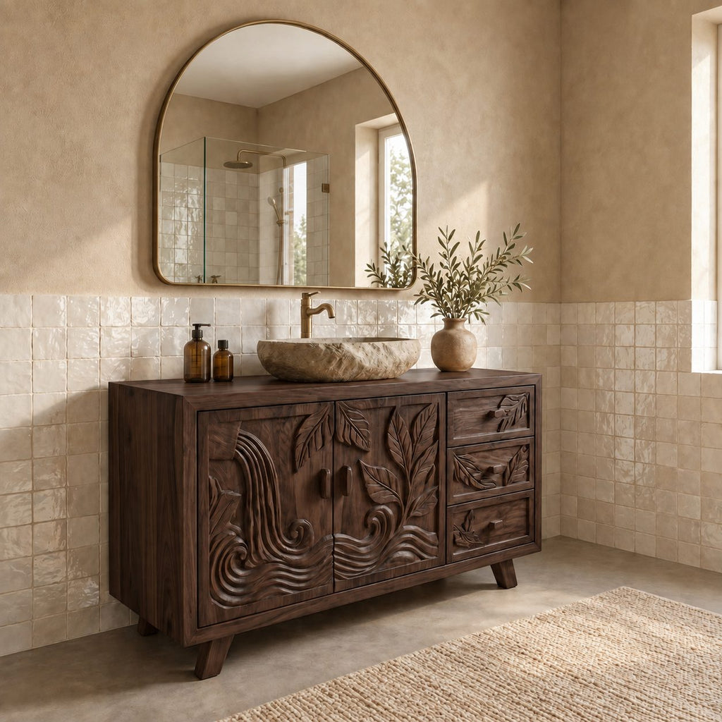 Leaf Carved Bathroom Vanity 48-72 Inch, Double Door Solid Wood Cabinet with Three Drawers on Splayed Legs