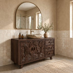 Leaf Carved Bathroom Vanity 48-72 Inch, Double Door Solid Wood Cabinet with Three Drawers on Splayed Legs