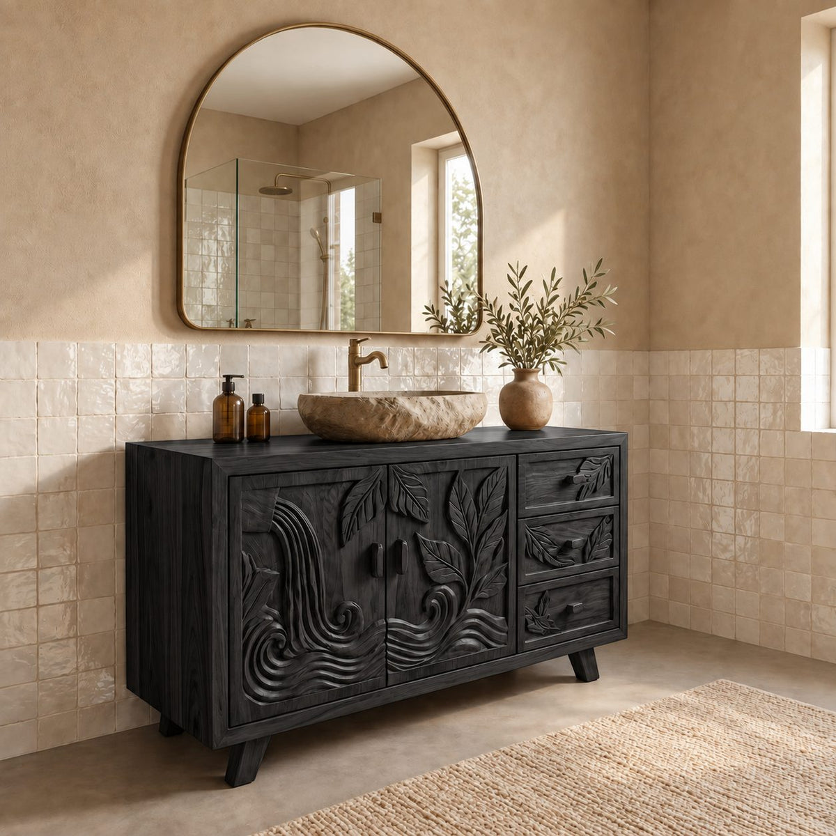Leaf Carved Bathroom Vanity 48-72 Inch, Double Door Solid Wood Cabinet with Three Drawers on Splayed Legs