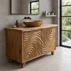 Swirl Carved Bathroom Vanity 40-70 Inch, Two Door Solid Wood Cabinet with Live Edge Top on Tapered Legs