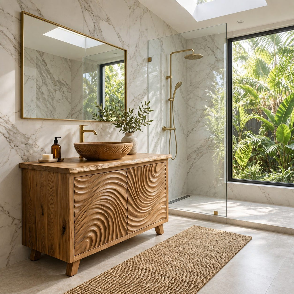 Swirl Carved Bathroom Vanity 40-70 Inch, Two Door Solid Wood Cabinet with Live Edge Top on Tapered Legs