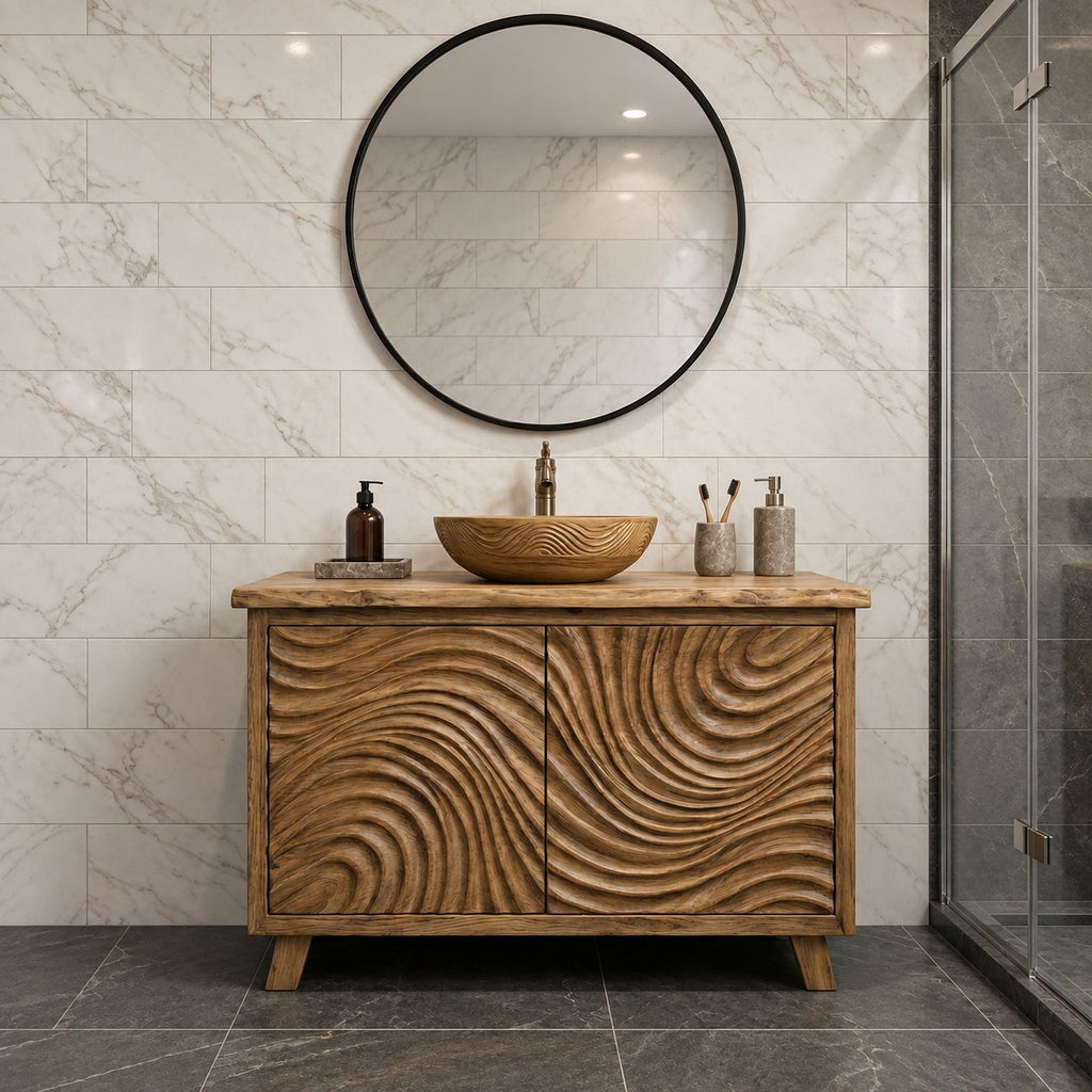 Swirl Carved Bathroom Vanity 40-70 Inch, Two Door Solid Wood Cabinet with Live Edge Top on Tapered Legs