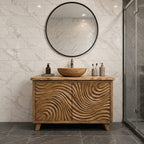Swirl Carved Bathroom Vanity 40-70 Inch, Two Door Solid Wood Cabinet with Live Edge Top on Tapered Legs