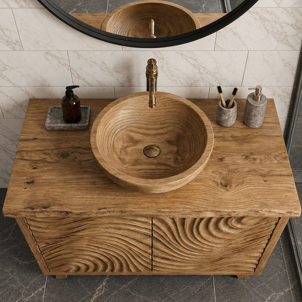 Swirl Carved Bathroom Vanity 40-70 Inch, Two Door Solid Wood Cabinet with Live Edge Top on Tapered Legs