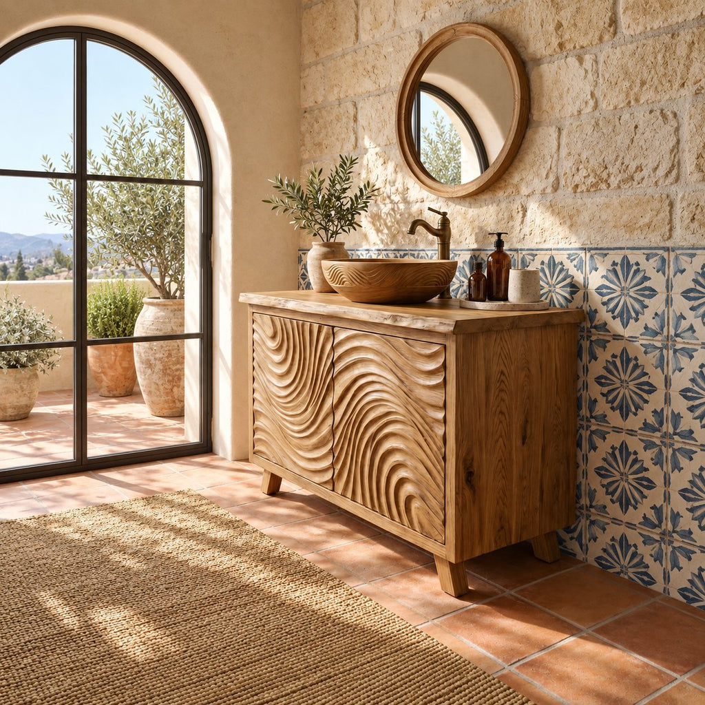 Swirl Carved Bathroom Vanity 40-70 Inch, Two Door Solid Wood Cabinet with Live Edge Top on Tapered Legs