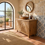 Swirl Carved Bathroom Vanity 40-70 Inch, Two Door Solid Wood Cabinet with Live Edge Top on Tapered Legs