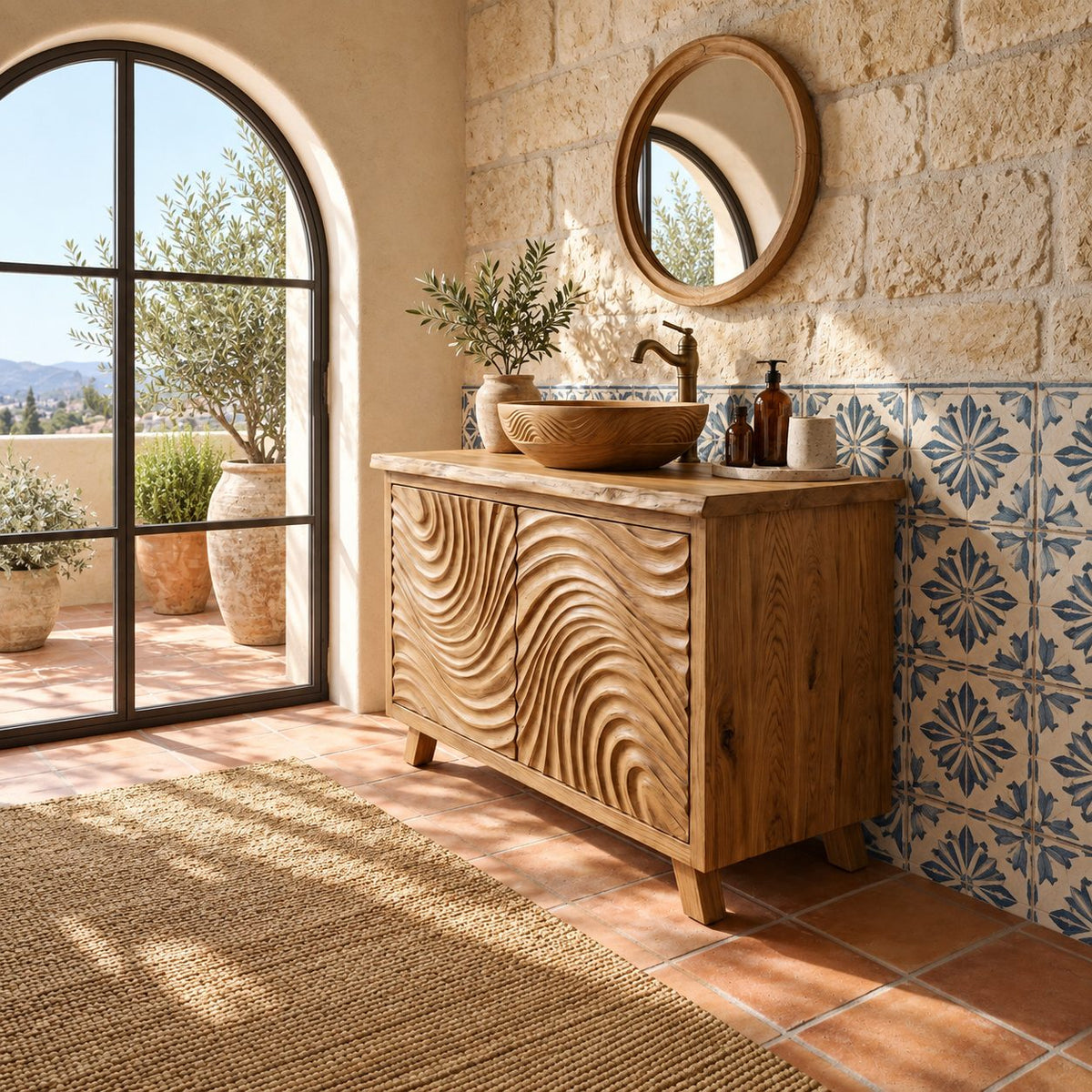 Swirl Carved Bathroom Vanity 40-70 Inch, Two Door Solid Wood Cabinet with Live Edge Top on Tapered Legs
