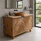 Swirl Carved Bathroom Vanity 40-70 Inch, Two Door Solid Wood Cabinet with Live Edge Top on Tapered Legs