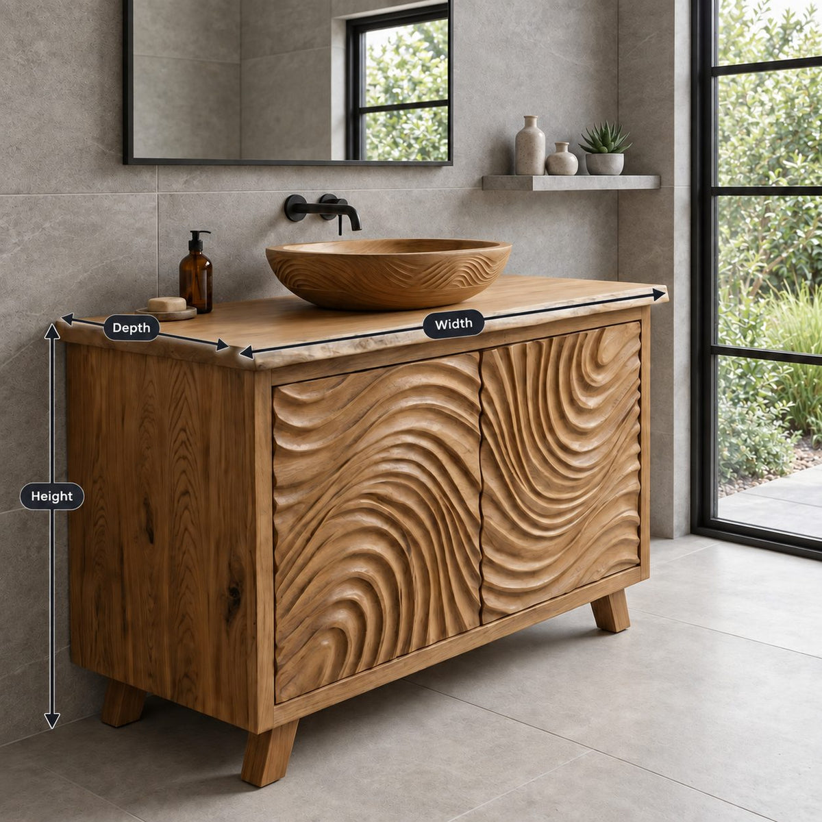 Swirl Carved Bathroom Vanity 40-70 Inch, Two Door Solid Wood Cabinet with Live Edge Top on Tapered Legs