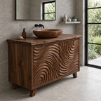 Swirl Carved Bathroom Vanity 40-70 Inch, Two Door Solid Wood Cabinet with Live Edge Top on Tapered Legs