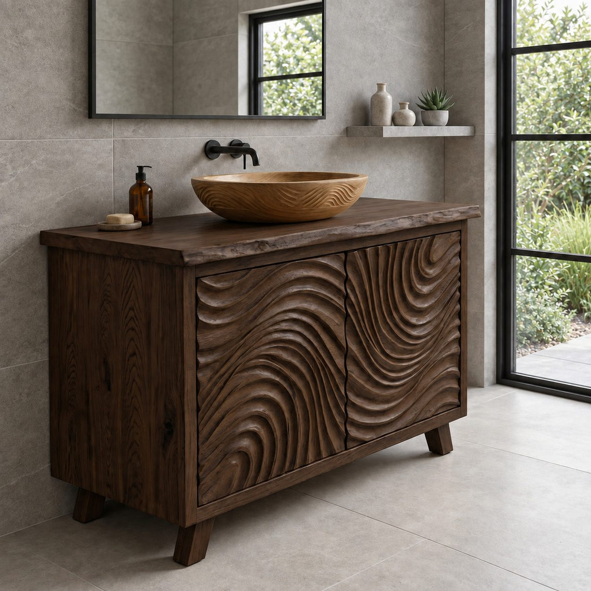 Swirl Carved Bathroom Vanity 40-70 Inch, Two Door Solid Wood Cabinet with Live Edge Top on Tapered Legs