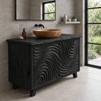 Swirl Carved Bathroom Vanity 40-70 Inch, Two Door Solid Wood Cabinet with Live Edge Top on Tapered Legs