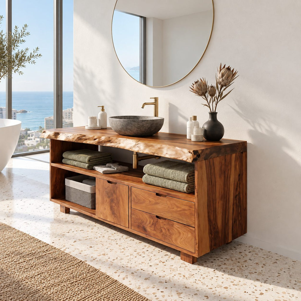 Live Edge Cubby Bathroom Vanity 40-80 Inch, Solid Wood Cabinet with Open Cubby Row, Door and Two Drawers