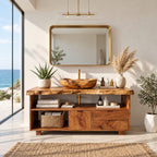Live Edge Cubby Bathroom Vanity 40-80 Inch, Solid Wood Cabinet with Open Cubby Row, Door and Two Drawers
