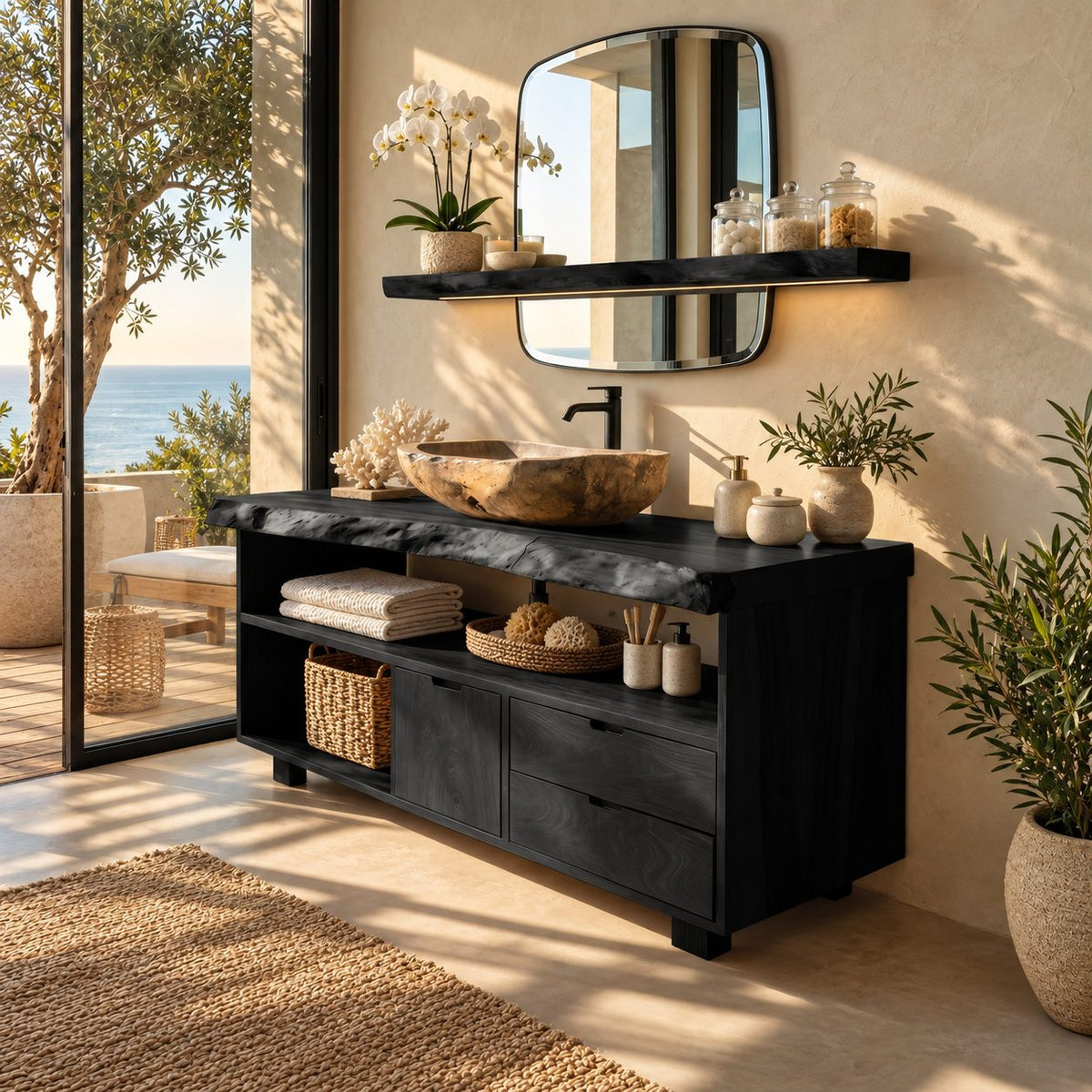 Live Edge Cubby Bathroom Vanity 40-80 Inch, Solid Wood Cabinet with Open Cubby Row, Door and Two Drawers