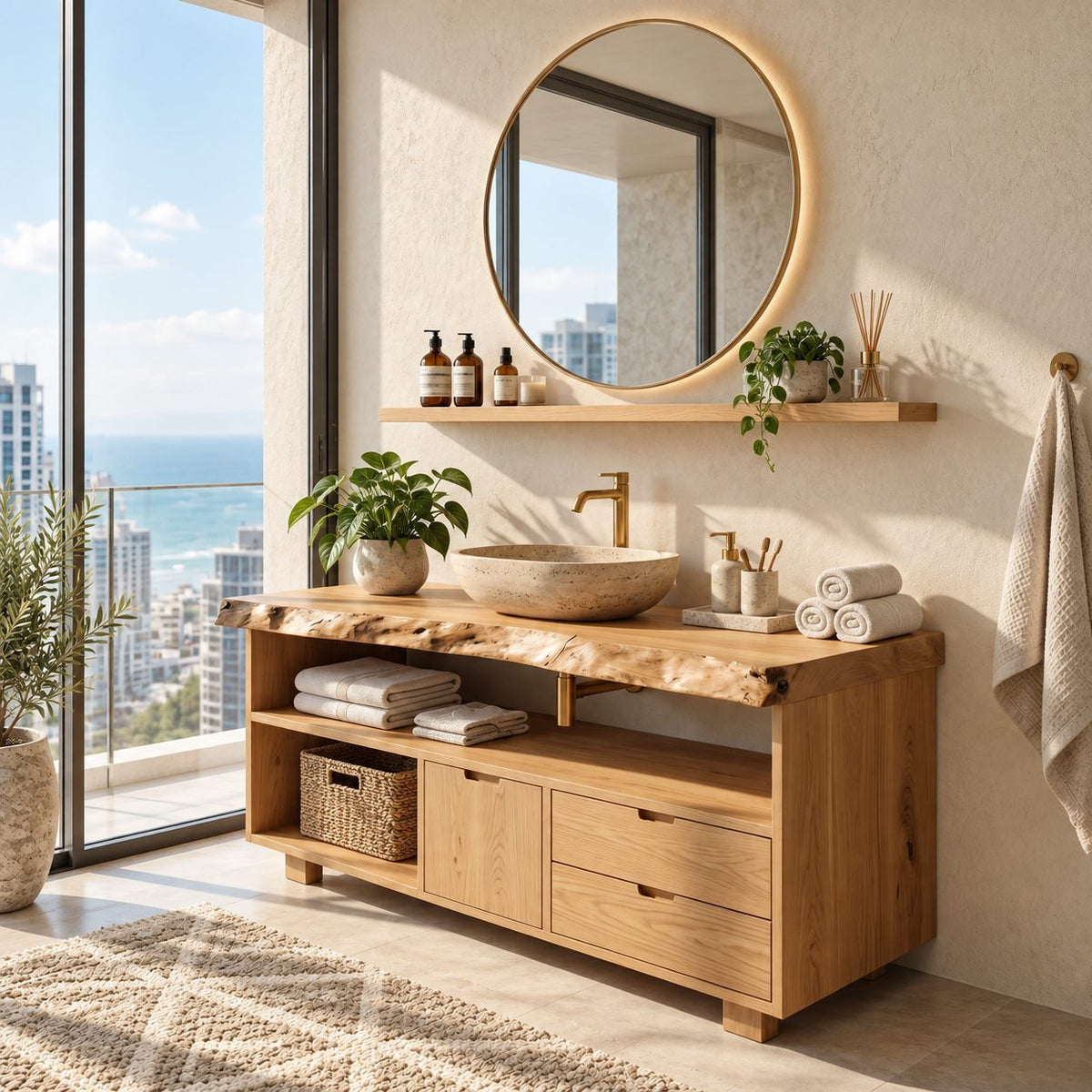 Live Edge Cubby Bathroom Vanity 40-80 Inch, Solid Wood Cabinet with Open Cubby Row, Door and Two Drawers