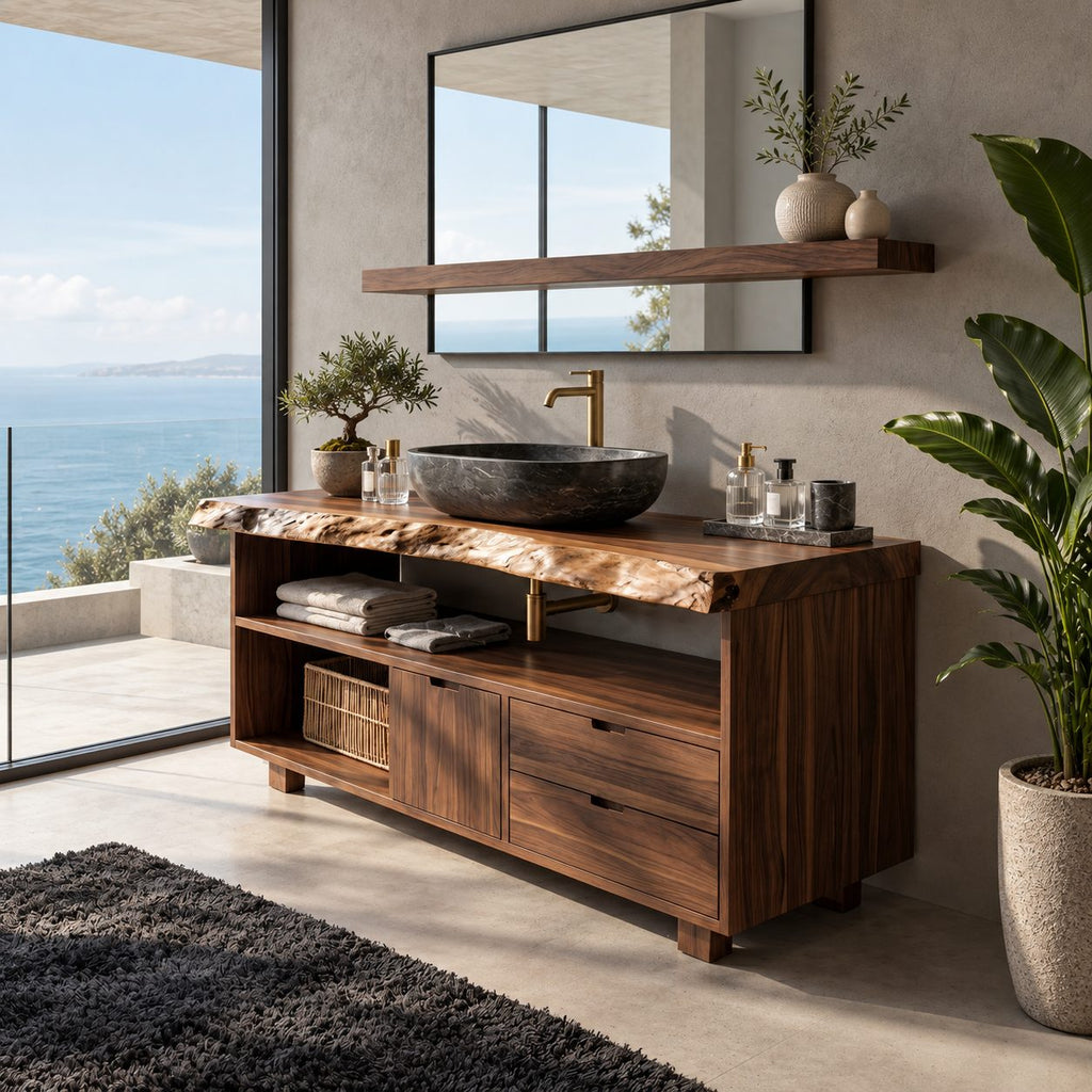 Live Edge Cubby Bathroom Vanity 40-80 Inch, Solid Wood Cabinet with Open Cubby Row, Door and Two Drawers