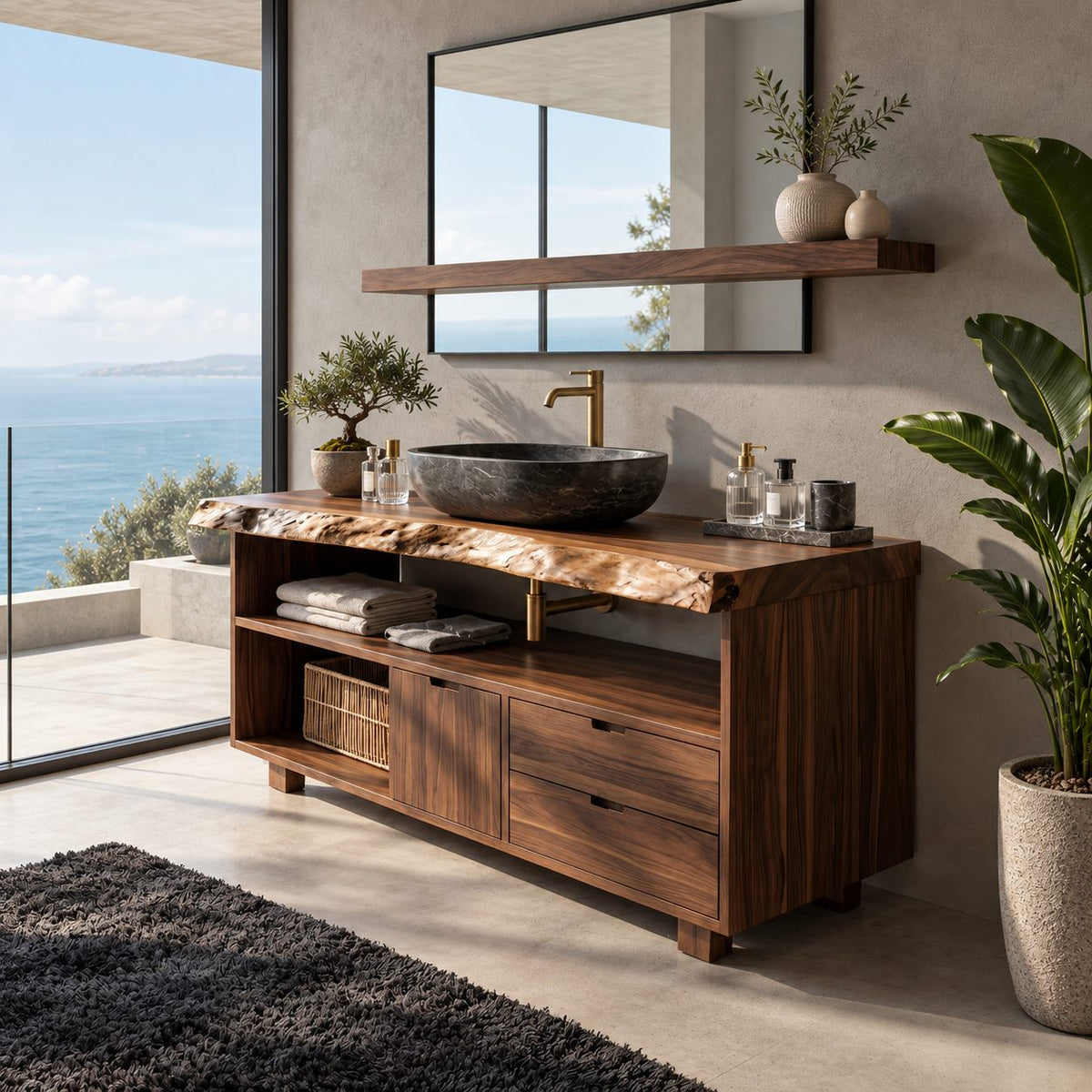 Live Edge Cubby Bathroom Vanity 40-80 Inch, Solid Wood Cabinet with Open Cubby Row, Door and Two Drawers