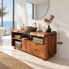 Live Edge Cubby Bathroom Vanity 40-80 Inch, Solid Wood Cabinet with Open Cubby Row, Door and Two Drawers