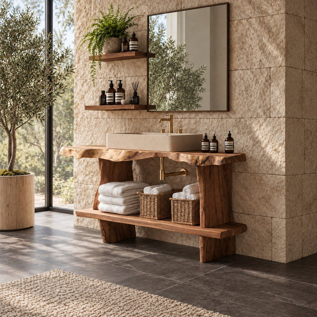 Raw Edge Slab Bathroom Vanity 30-80 Inch, Open Console with Thick Live Edge Top and Extended Low Shelf