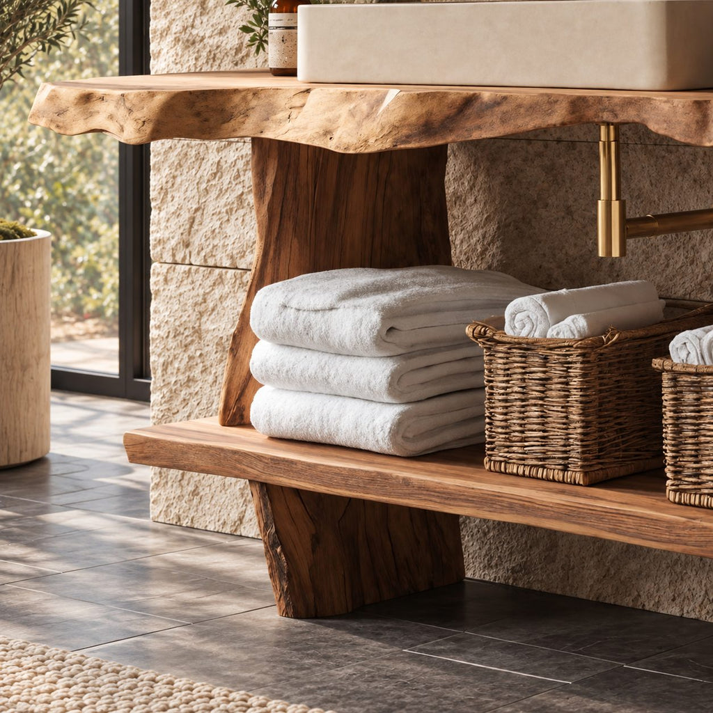 Raw Edge Slab Bathroom Vanity 30-80 Inch, Open Console with Thick Live Edge Top and Extended Low Shelf