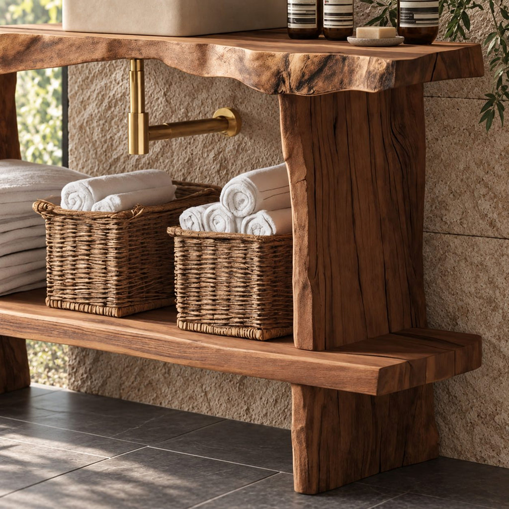 Raw Edge Slab Bathroom Vanity 30-80 Inch, Open Console with Thick Live Edge Top and Extended Low Shelf