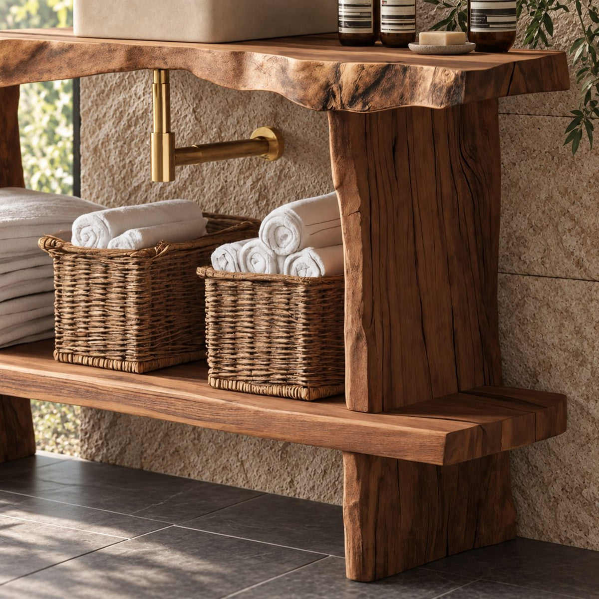 Raw Edge Slab Bathroom Vanity 30-80 Inch, Open Console with Thick Live Edge Top and Extended Low Shelf