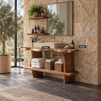 Raw Edge Slab Bathroom Vanity 30-80 Inch, Open Console with Thick Live Edge Top and Extended Low Shelf