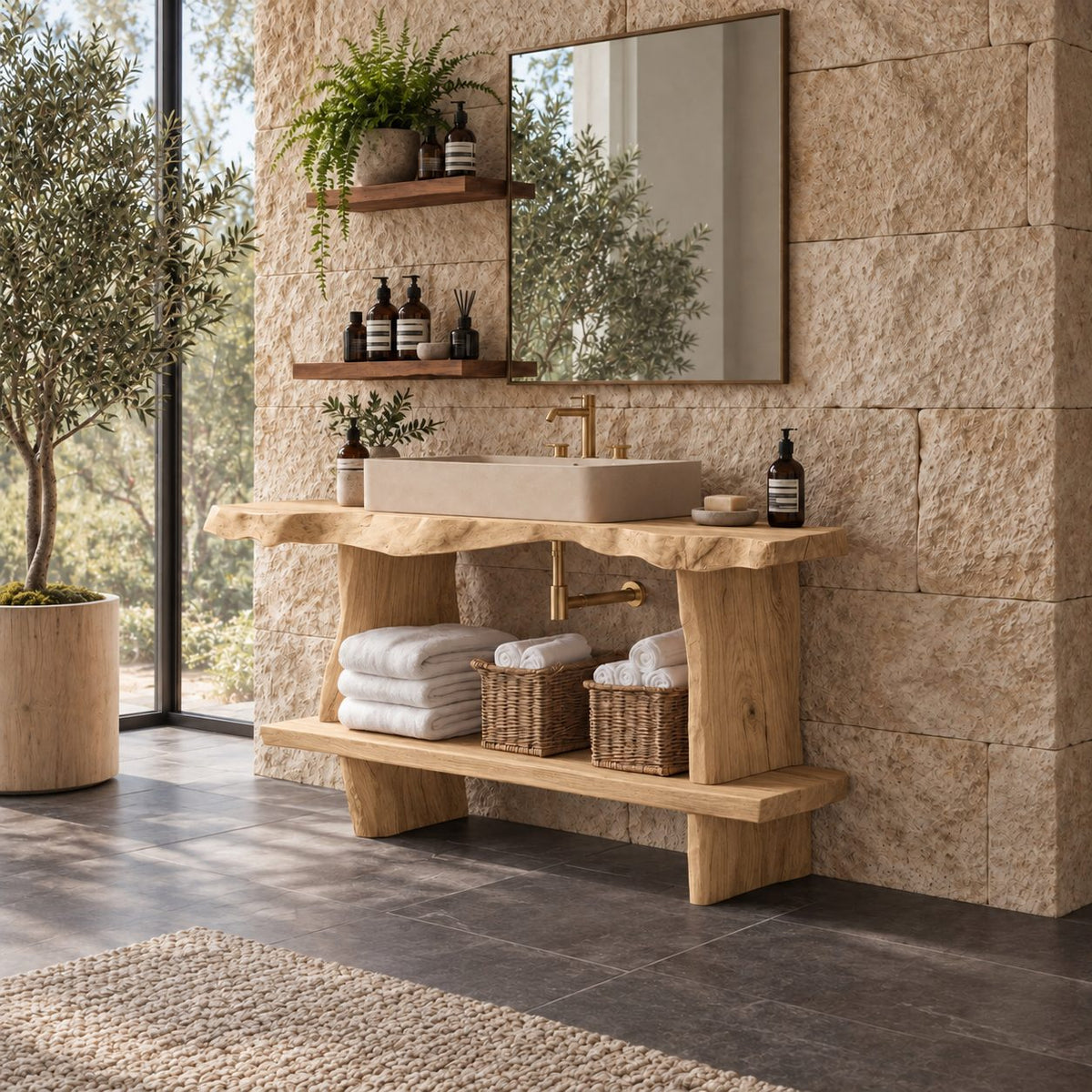Raw Edge Slab Bathroom Vanity 30-80 Inch, Open Console with Thick Live Edge Top and Extended Low Shelf