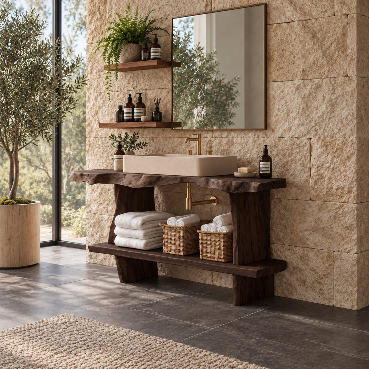 Raw Edge Slab Bathroom Vanity 30-80 Inch, Open Console with Thick Live Edge Top and Extended Low Shelf