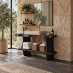 Raw Edge Slab Bathroom Vanity 30-80 Inch, Open Console with Thick Live Edge Top and Extended Low Shelf