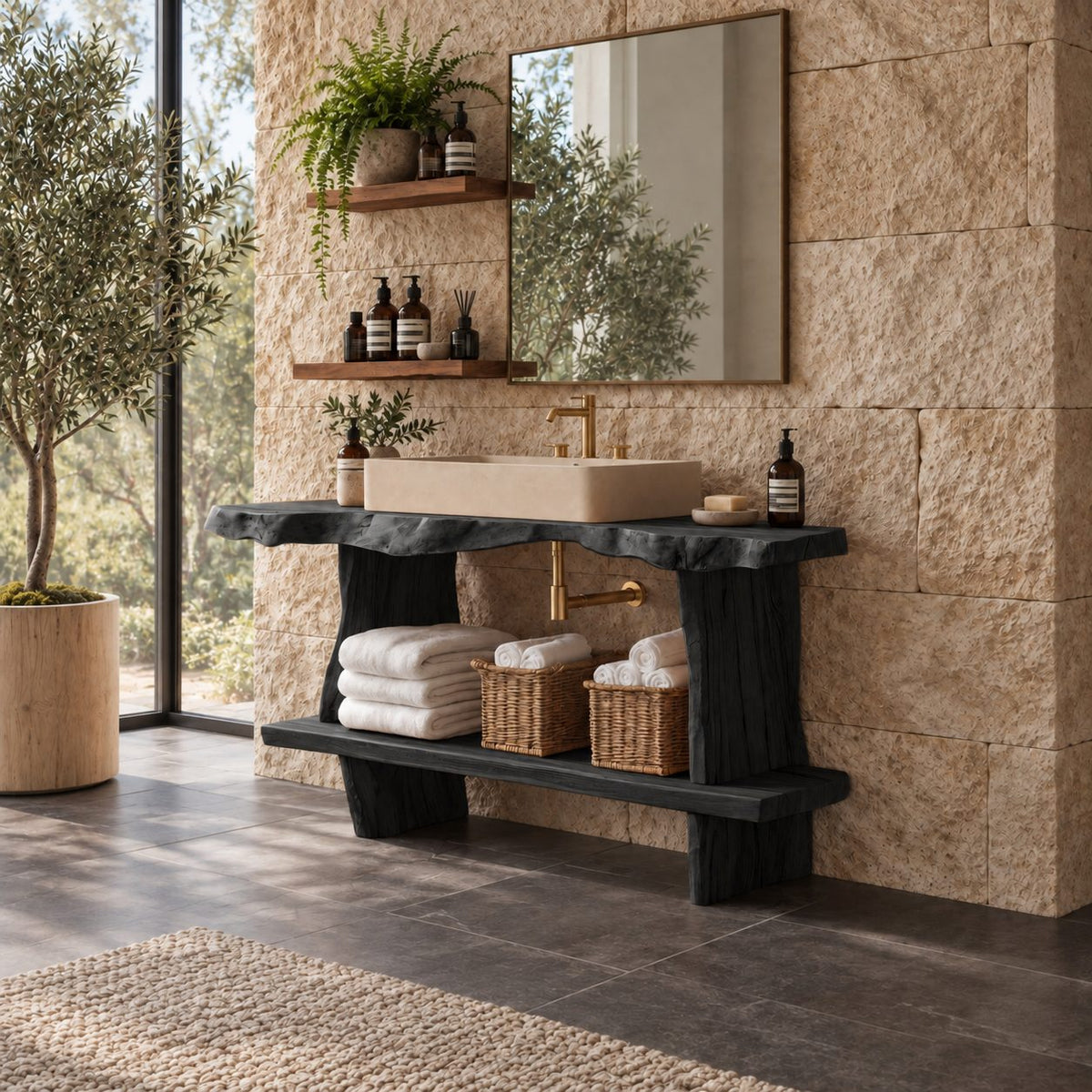 Raw Edge Slab Bathroom Vanity 30-80 Inch, Open Console with Thick Live Edge Top and Extended Low Shelf