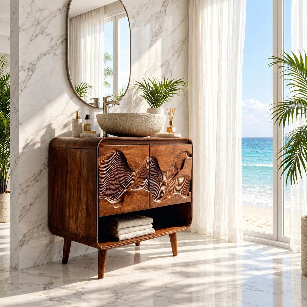 Mid Century Wave Bathroom Vanity 30-60 Inch, Rounded Cabinet with Carved Wave Doors and Open Shelf