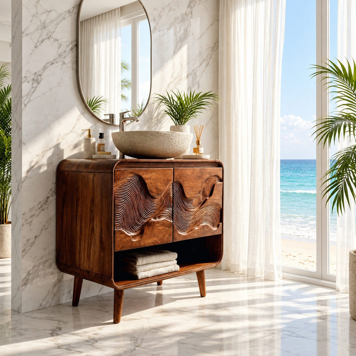 Mid Century Wave Bathroom Vanity 30-60 Inch, Rounded Cabinet with Carved Wave Doors and Open Shelf